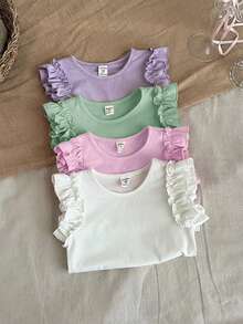 SHEIN LMoss Kids 女童 4件組 素色針織圓領荷葉邊修身T恤 - 薄荷綠 - 查看 6