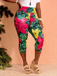 EMERY ROSE Plus Size Women's Tropical Plant Print 3/4 Length Leggings For Vacation Summer Spring Clothing Beach Outfits For Women Vacation Outfits - Multicolor - View 9