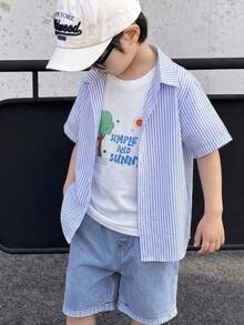 3pcs/Set Kids Young Boy Cute Summer Versatile 3-Piece Outfit Striped Short Sleeve Shirt, Patterned White T-Shirt, Blue Denim Shorts, Suitable For Daily Wear, Sports, Outings, Vacation, School, Parties, Festivals, Performances, Photography - Multicolor - View 8