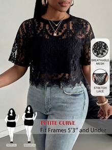 SHEIN PETITE CURVE CURVE 大尺碼女款黑色夏季優雅夜店上衣，花卉刺繡荷葉邊小巧設計，高腰度假風 - 黑色 - 查看 6