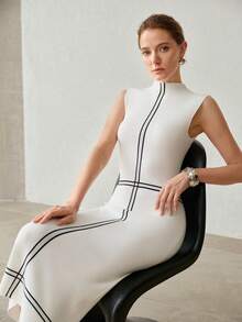 MOTF PREMIUM WOMEN'S ELEGANT CONTRAST TRIM SLIT SWEATER DRESS - White - View 7
