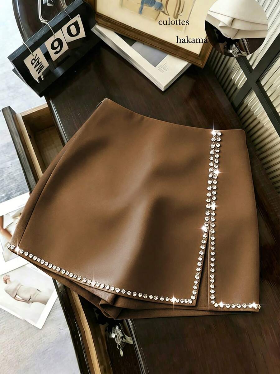GlowEve Women's Rhinestone Decorated Side Slit Fashion Skort - Coffee Brown - View 1