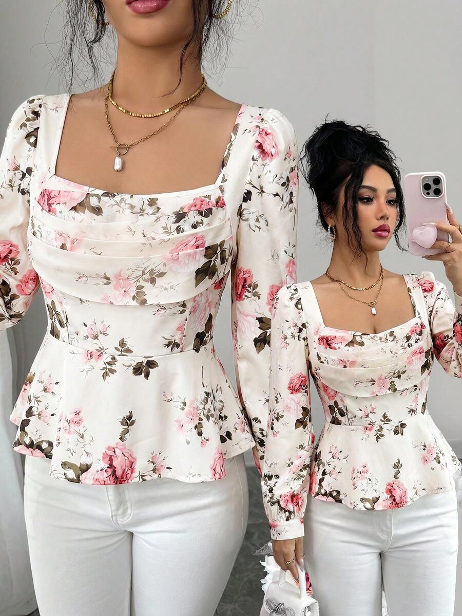 SHEIN Elenzya Best-Selling Rose Floral Print Design With Chiffon Printed Ruffle Collar, Cinched Waist, Small A-Line Hem, Long Sleeve, Exquisite Elegant Casual Daily Women's Blouse For Spring, Summer, Autumn