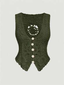 SHEIN MOD Plus Size Women's Hollow Out Thin Vintage 90s Traditional Casual Formal Single-Breasted Knit Vest Vacation Airport Army Green Summer - Army Green - View 1