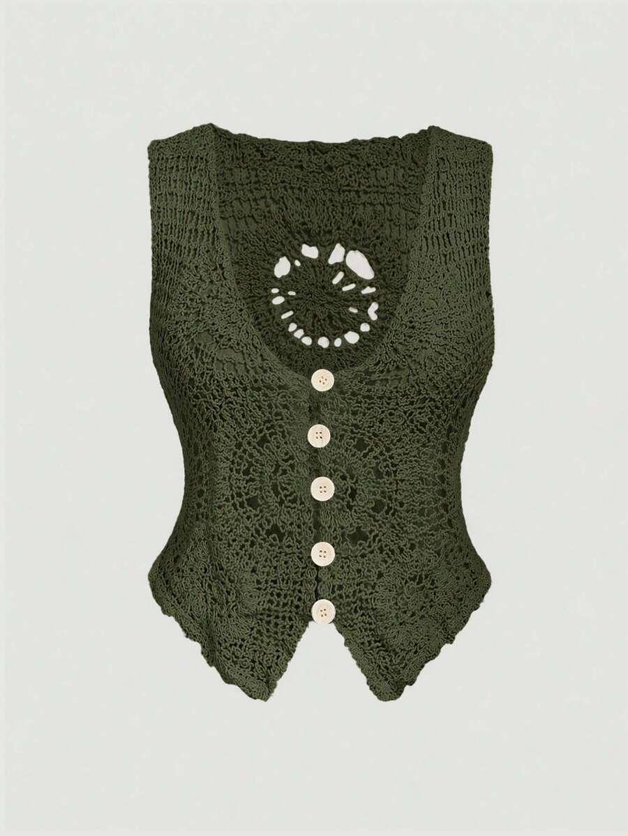 SHEIN MOD Plus Size Women's Hollow Out Thin Vintage 90s Traditional Casual Formal Single-Breasted Knit Vest Vacation Airport Army Green Summer - Army Green - View 1