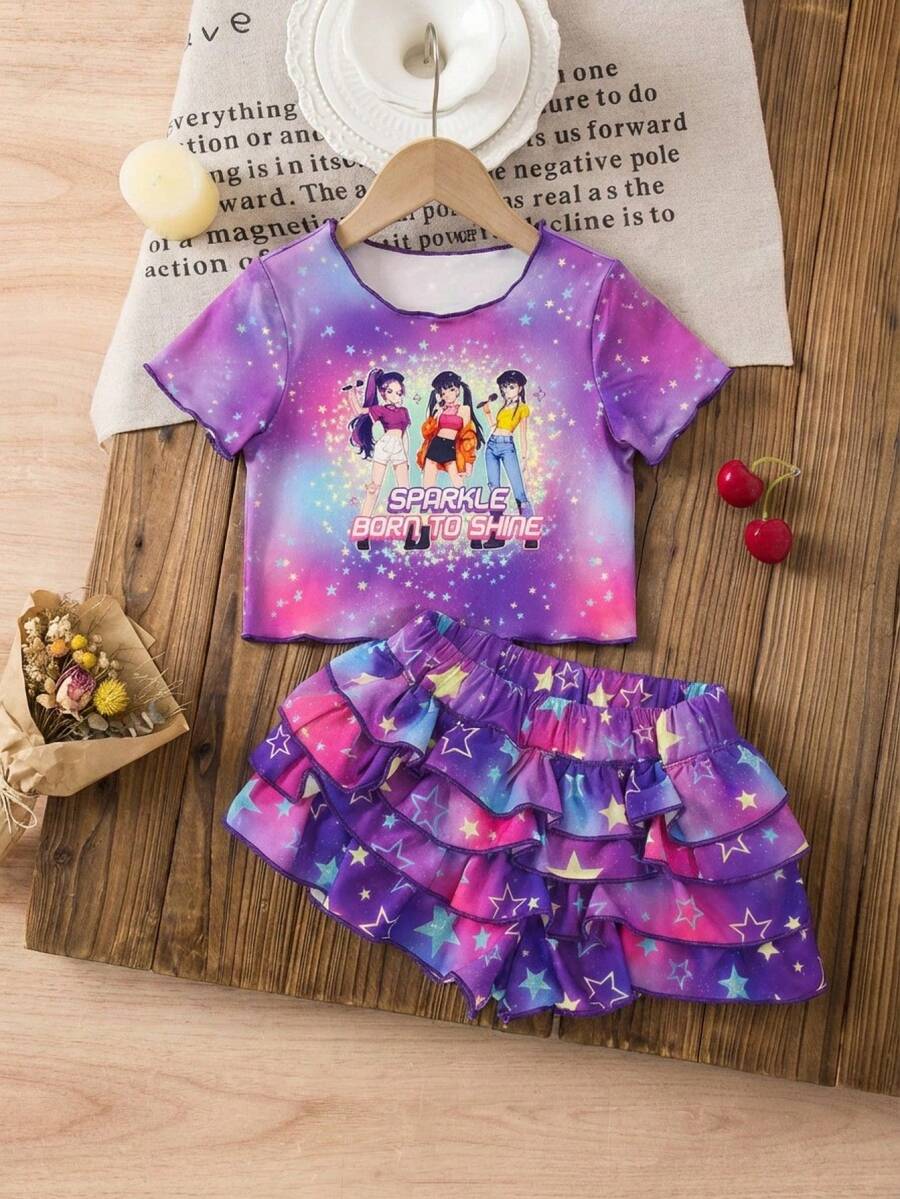 SHEIN Babygirl Cute Casual Versatile Cherry Print Short Sleeve T-Shirt Plaid Ruffle Hem Shorts Set Black And White Polka Dot Summer Performance 2nd Birthday - Multicolor - View 1