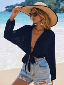 Swim Vcay Kimono Pendek Lengan Panjang Warna Polos untuk Wanita, Cocok untuk Liburan - Navy Blue - View 3