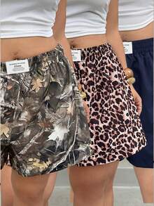 SHEIN EZwear 深藍色大尺碼女款字母印花牛仔短褲 多色 - 藏蓝色 - 查看 6