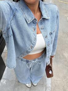 Muchica Plus Size Women's Long Sleeve Single-Breasted Shirt And Wide Leg Jeans Casual 2 Pieces Set - Baby Blue - View 3