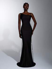 Elitara Elegant Classic Stretch Asymmetrical Neckline Backless Deep V-Neck Ruched Bodycon Pearl Trim Floor-Length Evening Gown For Wedding Party - Khaki - View 6