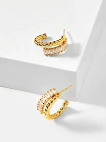MOTF PREMIUM Pre Gold Simple Texture Crossed Microencrusted Stone Earrings - Gold - View 8