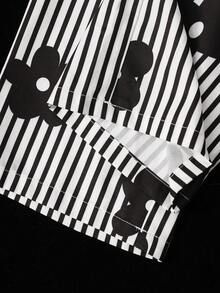 SHEIN Genkimix Kids 2件/套基礎休閒慵懶純色套裝，馬印花，不規則下擺，側面抓皺設計，圓領短袖T恤，搭配黃色條紋紋理布料直筒長褲套裝，適合日常/外出多種場合，春/夏/四季風格，幼女套裝，兒童日常舒適夏季穿搭，女童套裝 - 黑與白 - 查看 6