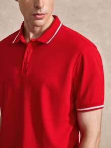 Courvante 男士撞色飾邊 Polo 衫 - 紅色 - 查看 7