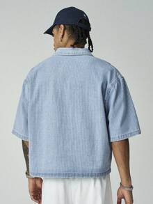 ÉpureWay Men's Casual Street Style Striped Embroidered Blue Denim Short Sleeve Shirt - Light Wash - View 4