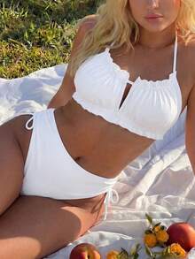 Swim Mod Plus Size Women Summer Beach Party Vacation Solid Color Ruched Halter Bikini Top All White - White - View 3