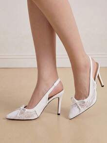 Eladyva Women's Lace Bow Stiletto High Heels, New 2026 White High Heel Pumps - White - View 9