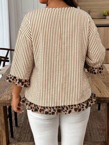 Weeklong Plus Size Women's Spring/Summer Leopard Print & Striped Colorblock Mid-Sleeve Ruffle Hem Casual Vacation Shirt Fall - Multicolor - View 2