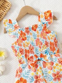 SHEIN Vintaside Kids Girls' Colorful Floral Flutter Sleeve Romper, Children's Floral Bow Romper, Soft And Cute, Versatile For Various Occasions. - Orange - View 3