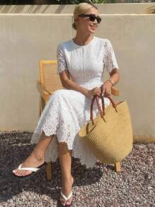 DAZY Summer Elegant White Lace Hollow Out Dress For Lady, Comfortable Casual Wear - White - View 8