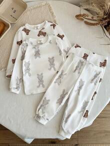 LMoss Kids Conjunto de 4 piezas de ropa de estar en casa para bebé niño con camiseta de cuello redondo de punto con estampado lindo de conejo & oso + pantalones largos de ajuste ceñido - Multicolor - Ver 7