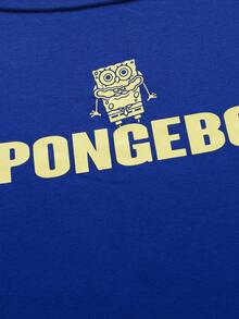 SpongeBob SquarePants | SHEIN Women's Summer Casual Letter And Cartoon Print Round Neck Short Sleeve T-Shirt - Blue - View 5