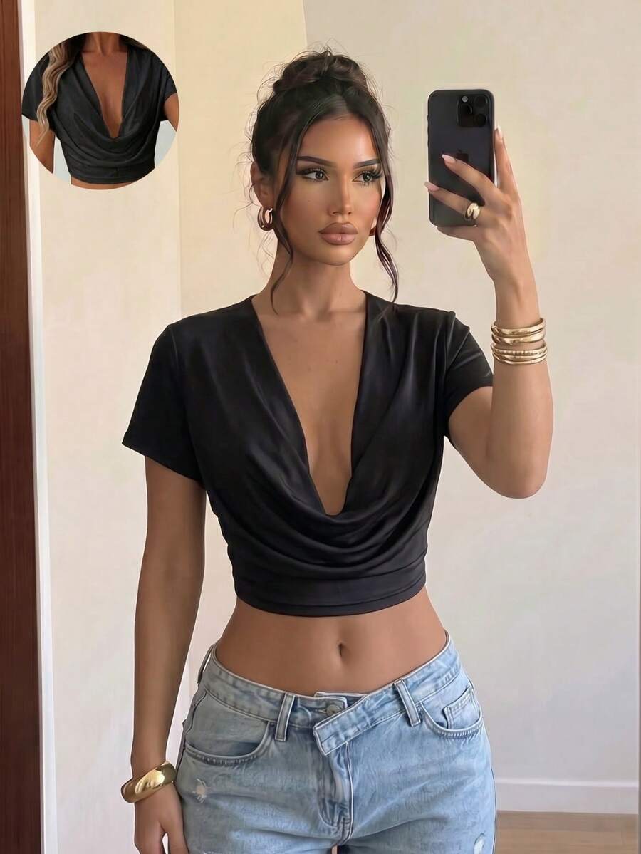 Sirith New Deep V-Neck Crop Top, Sexy Revealing Midriff Design - Black - View 1