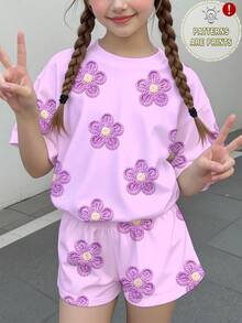 少女休閒可愛趣味紋理花卉印花，芋紫色，短袖長褲2件套，適合夏季圖案，舒適，女孩套裝，Y2k，復古，度假，花卉，日系可愛 - 彩色 - 查看 2