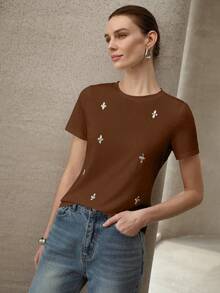 MOTF PREMIUM RHINESTONE DETAIL SHORT SLEEVE T-SHIRT - Mocha Brown - View 3