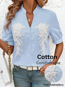 SHEIN Clasi Women's Vacation Casual Beaded Decor Shirt - Baby Blue - View 9