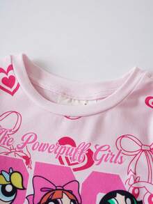 THE POWERPUFF GIRLS X SHEIN 女嬰卡通印花圓領T恤與休閒短褲套裝 - 粉色 - 查看 4