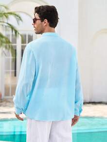 Mercer Haus Men Half Placket Stand Collar Linen Long Sleeve Shirt,Lightweight Breathable Loose Casual.Summer Vacation,Party,Office Daily Wear.Gift For Men. - Cadet Blue - View 2