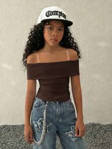 Coolane Kids Camiseta corta ajustada de hombros descubiertos de color liso para niña preadolescente en verano - Café integral - Ver 3