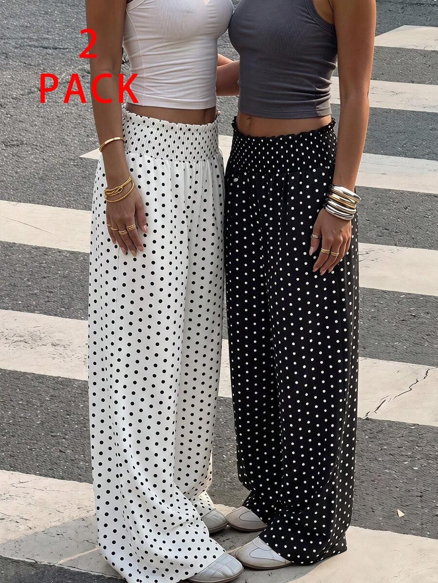 SHEIN 女童休閒度假海灘田園旅行日常居家百搭繩結綁帶荷葉邊寬鬆寬腿2件組長褲 - 黑色 - 查看 1