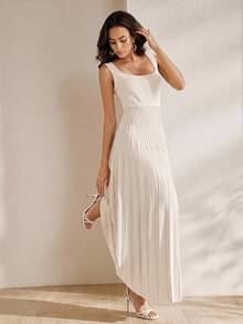 Anewsta Vestido de mujer de verano elegante de color liso de punto pesado con cuello bajo, ajustado, plisado y sin mangas - Blanco - Ver 1
