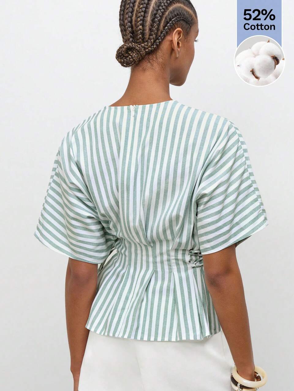 SHEIN Maija Chemise à col V rayée verte pour femmes, été
