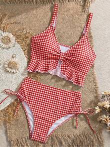 Swim Mod Bikini Camisole Motif Kotak-kotak untuk Liburan Pantai Musim Panas Wanita - Red and White - View 3