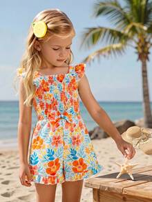 SHEIN Vintaside Kids Girls' Colorful Floral Flutter Sleeve Romper, Children's Floral Bow Romper, Soft And Cute, Versatile For Various Occasions. - Orange - View 6