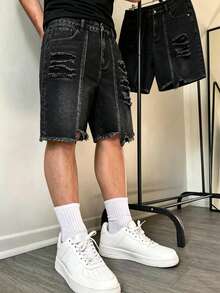 Manfinity Roghcode 男款時尚破舊毛邊設計黑色水洗休閒牛仔短褲，度假風 - 黑色 - 查看 3