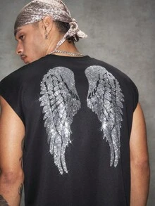 PAVTROS Men's Hip Hop Letter Print Rhinestone Back Crew Neck Tank Top - Black - View 7