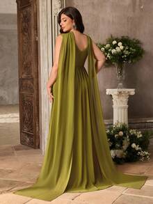 Aureia Große Größen elegantes grünes Chiffon plissiertes Blumenapplikation A-Linie Maxikleid mit abnehmbarem Schal für formelle Abendveranstaltungen, Hochzeitsgäste, Brautjungfern, Partys - Grün - Übersicht 3