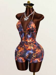 SHEIN BamGlam Traje de baño de una pieza para mujer con estampado vintage de tie-dye abstracto de leopardo, patrón aleatorio, escote profundo en V, decoración de cuentas, espalda abierta con lazo, adecuado para playa, vacaciones, casual, fiesta y otras ocasiones - Multicolor - Ver 6