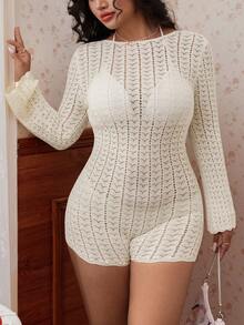 CovetEZ Plus Size Hollow Mesh Backless Fitted Jumpsuit, Beach Vacation Vacation White Autumn Elegant Winter - Beige - View 4