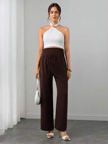 SHEIN Maternity Casual Versatile Commute Photoshoot Solid Color Pants Autumn - Mocha Brown - View 6