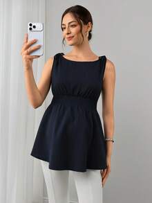Momance Maternity Solid Color Shoulder Tie Waist Shirred Tank Top - Navy Blue - View 3