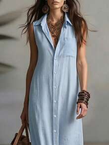 Everyssa Casual Striped Retro Sleeveless Open Front Shirt Dress, Suitable For Leisure And Work, Fashion For Women - Blue - View 5
