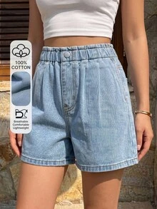SHEIN Teen GirlCasual Denim Shorts, New Arrival, Fashionable Minimalist Design, Drawstring Waist, Light Blue Washed Soft Jeans Shorts - Light Wash - View 1