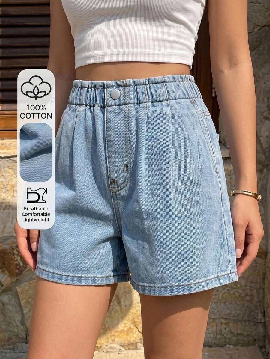 SHEIN Teen GirlCasual Denim Shorts, New Arrival, Fashionable Minimalist Design, Drawstring Waist, Light Blue Washed Soft Jeans Shorts - Light Wash - View 1