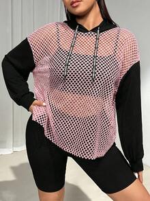 SHEIN EZwear 大尺碼女款春夏長袖休閒對比網紗透視連帽帽 T恤運動衫 秋冬適用 - 彩色 - 查看 3