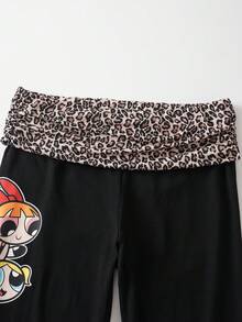 THE POWERPUFF GIRLS X SHEIN Women's Waist Spliced Leopard Print Leggings - Black - View 4