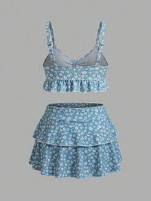 Sweetra 2pcs/Set Women's Light Blue Floral Bikini Set,Cute Summer Beach Holiday Swimwear,Boho Ditsy Floral Top And Skirt Set,Vacation Outfits Two Piece Set - Green - View 2